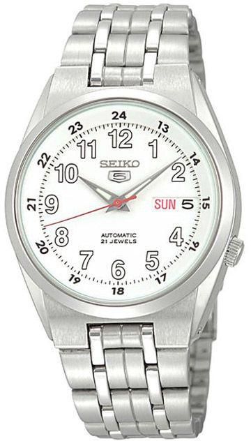 Seiko Men's Mechanical Watch Analog, White Dial Silver Stainless Band, SNK579J