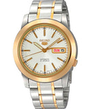 Seiko Men's Mechanical Watch Analog, White Dial Silver & Gold Stainless Band, SNKE54J