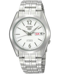 Seiko Men's Mechanical Watch Analog, White Dial Silver Stainless Band, SNKE93J