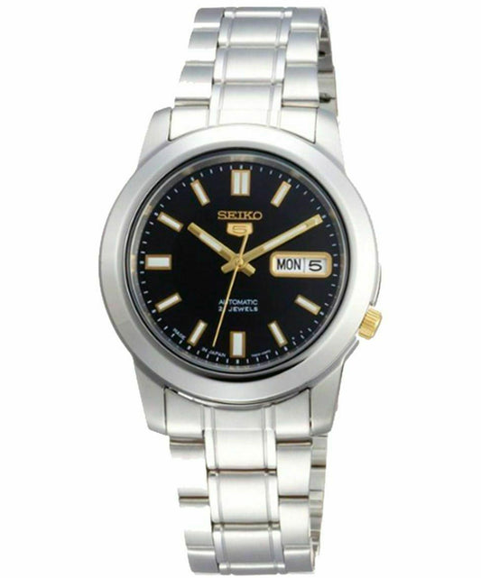 Seiko Men's Mechanical Watch,  Automatic 21 Jewels Black Dial Silver Stainless Band, SNKK17J authentic Seiko watch with original box and warranty papers