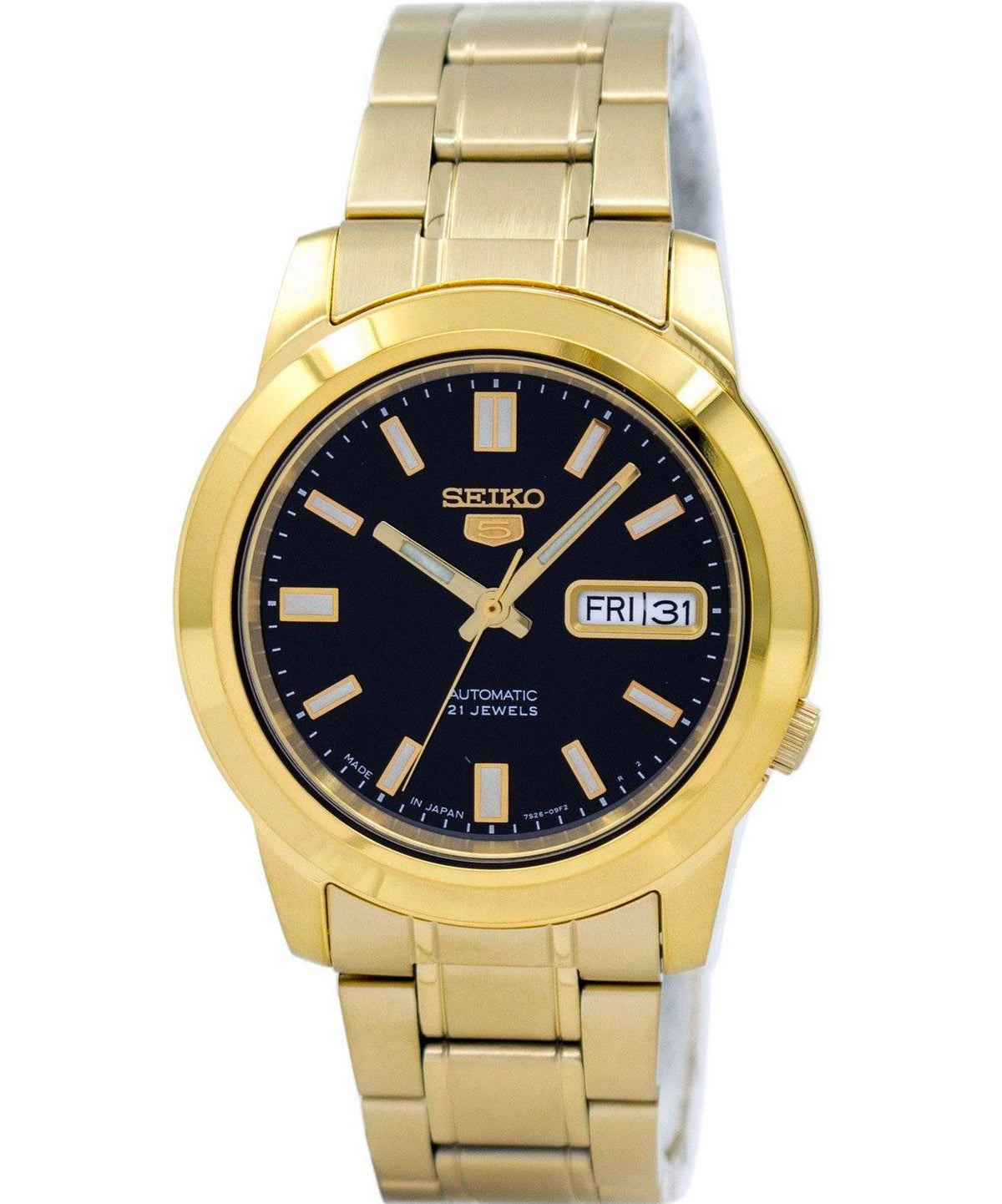 Seiko Men's Mechanical Watch Analog, Black Dial Gold Stainless Band, SNKK22J