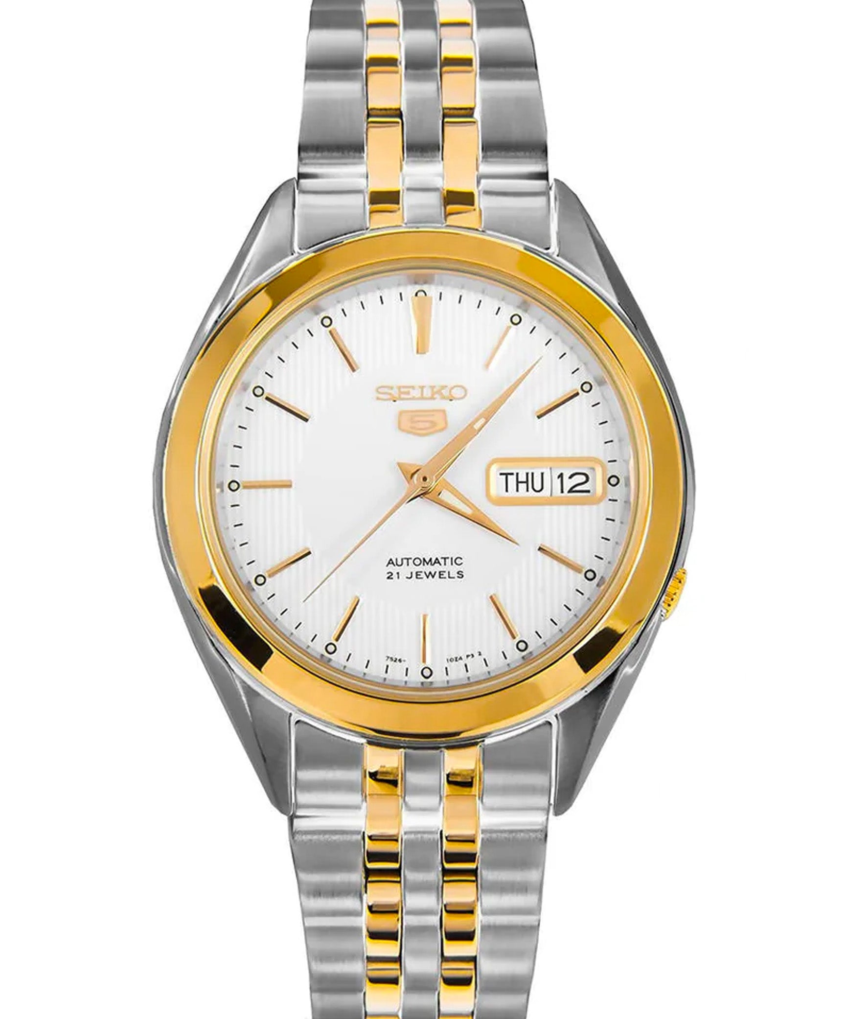 Seiko Men's Mechanical Watch Analog, White Dial Silver & Gold Stainless Band, SNKL24J