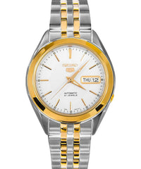 Seiko Men's Mechanical Watch Analog, White Dial Silver & Gold Stainless Band, SNKL24J