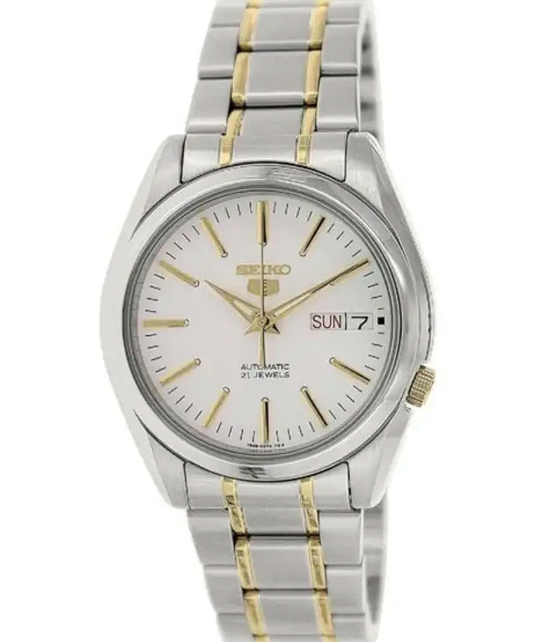 Seiko Men's Mechanical Watch Analog, White Dial Silver & Gold Stainless Band, SNKL47J