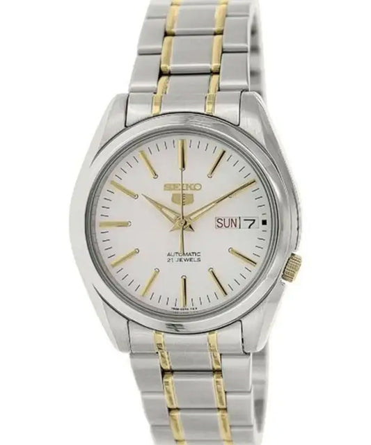 Seiko Men's Mechanical Watch Analog, White Dial Silver & Gold Stainless Band, SNKL47J authentic Seiko watch with original box and warranty papers