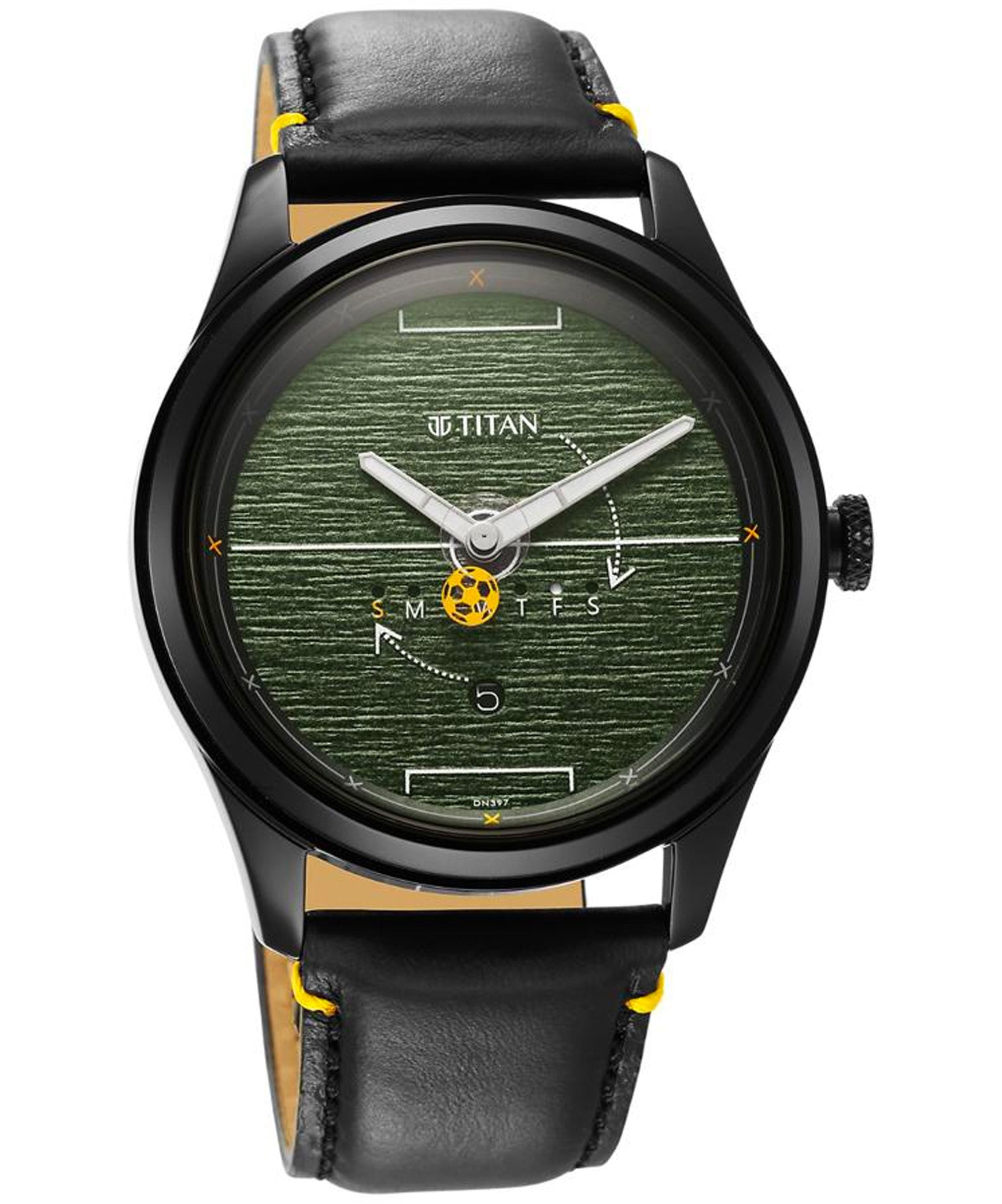 Titan Men's Watch with Green Football Field Dial & Black Leather Strap, 1805NL04