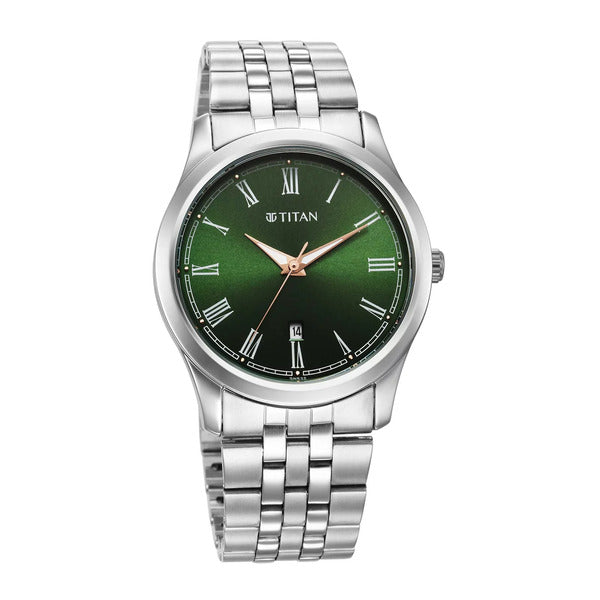 Titan Analog Men's Watch, Green Dial Silver Stainless Steep Strap, 1823SM04