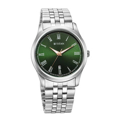 Titan Analog Men's Watch, Green Dial Silver Stainless Steep Strap, 1823SM04